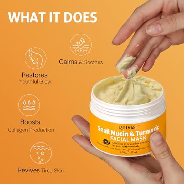 RIHAKO Stocking Stuffers for Women Snail Mucin Turmeric Anti Aging Mask, Snail Power Repairing Mask Korean Face Skin Care| Eliminates Dullness | Reduces Blemishes | Repairs Damaged | Restores Youthful Glow - Image 2