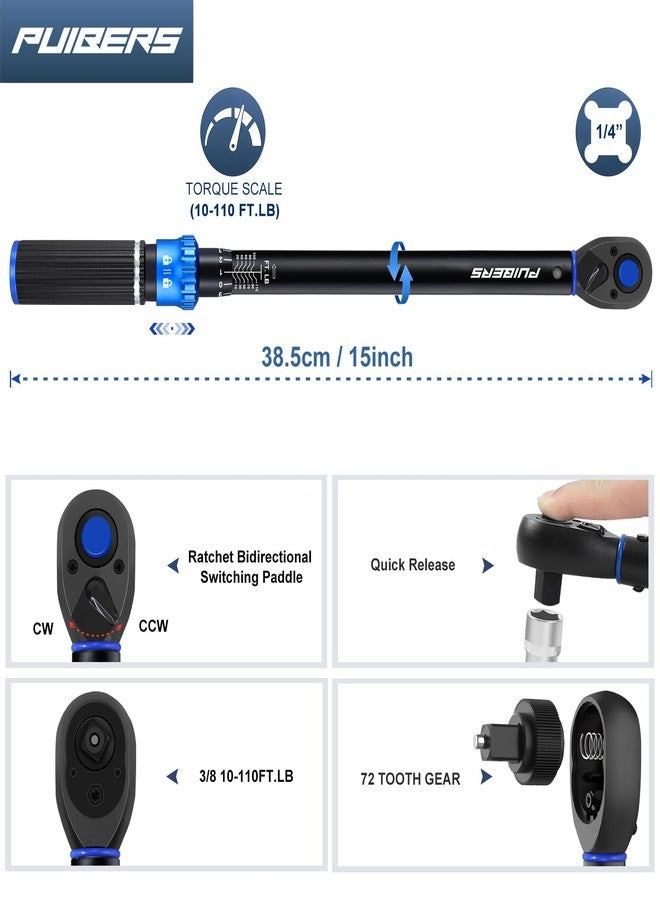 PUIBERS 3/8 inch Drive Click Torque Wrench, Click Torque Wrench 3/8 Torquimetro 10-110 FT.LB/13.6-149.2 Nm, Dual-Direction Adjustable 72 Tooth for Bike Moto and Car Repair - Image 2