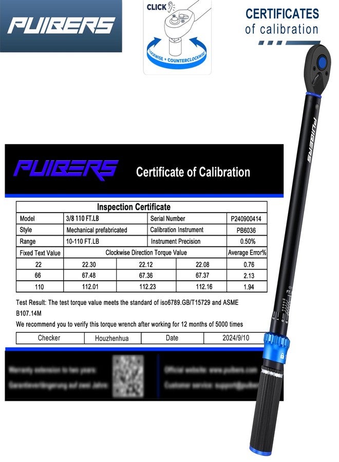 PUIBERS 3/8 inch Drive Click Torque Wrench, Click Torque Wrench 3/8 Torquimetro 10-110 FT.LB/13.6-149.2 Nm, Dual-Direction Adjustable 72 Tooth for Bike Moto and Car Repair - Image 3