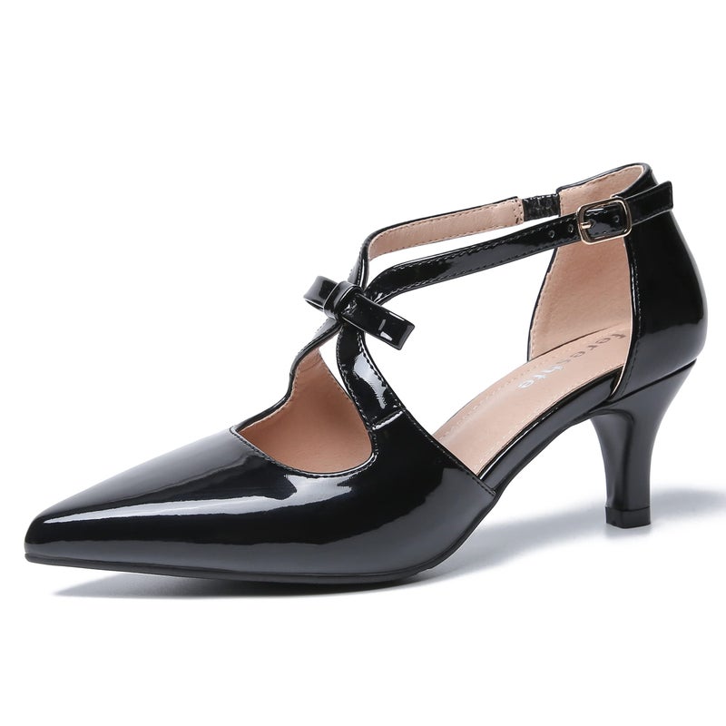 fereshte Womens Kitten Heels T Strap 2 Inch Low Heel Bow Pointed Toe DOrsay Dressy Pumps Patent Black 42 US 9