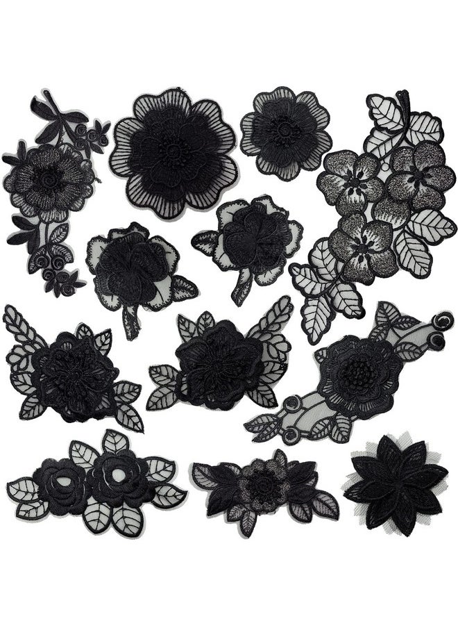 BETITETO - 12 Pieces Flower Lace Embroidered Applique 3D Floral Sew On Patches For Clothes Repairing Decorating Wedding Dress Diy Sewing Craft (Black) - Image 1