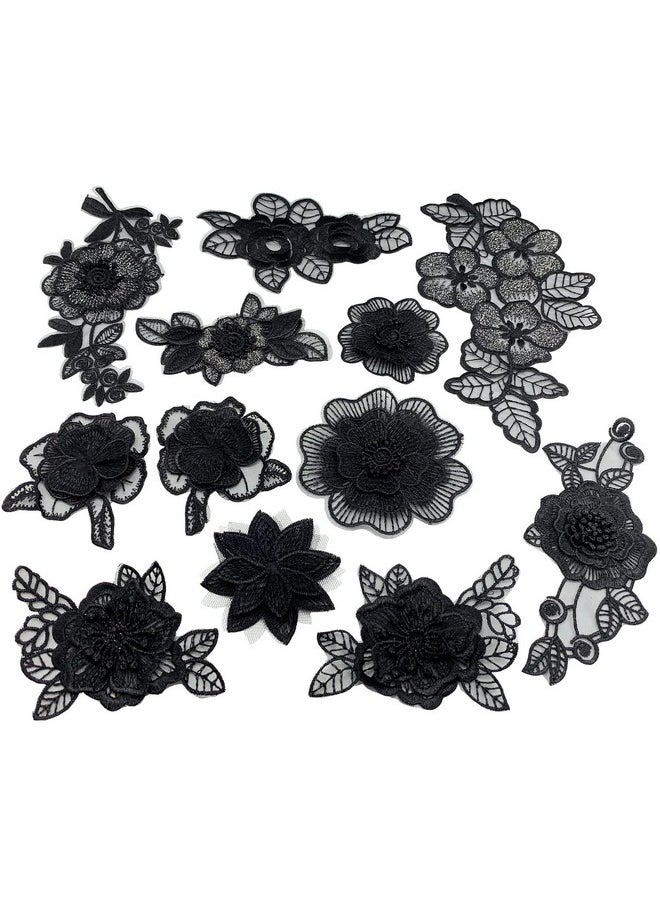 BETITETO - 12 Pieces Flower Lace Embroidered Applique 3D Floral Sew On Patches For Clothes Repairing Decorating Wedding Dress Diy Sewing Craft (Black) - Image 1