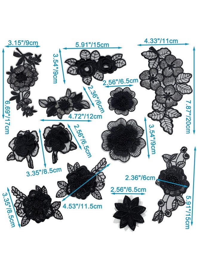 BETITETO - 12 Pieces Flower Lace Embroidered Applique 3D Floral Sew On Patches For Clothes Repairing Decorating Wedding Dress Diy Sewing Craft (Black) - Image 1
