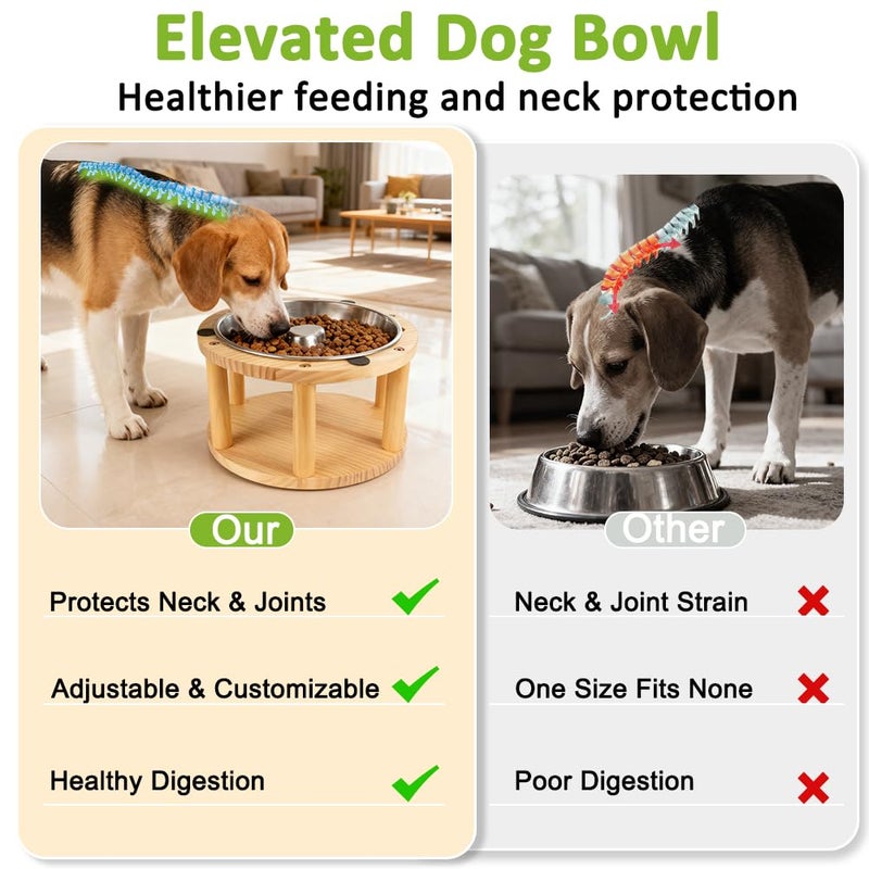 Vivifying Elevated Dog Bowl, Height-Adjustable Pine Wood Stand with Stainless Steel Slow Feeder Bowl, Available in Two Heights 5.9" & 10.6", Fits Small, Medium & Large Dogs - Image 4