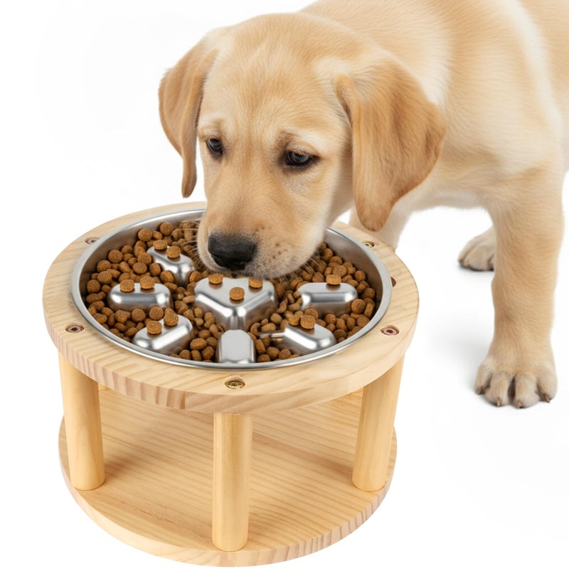 Vivifying Elevated Dog Bowl, Height-Adjustable Pine Wood Stand with Stainless Steel Slow Feeder Bowl, Available in Two Heights 5.9" & 10.6", Fits Small, Medium & Large Dogs - Image 1