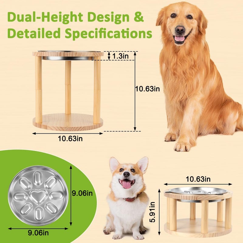 Vivifying Elevated Dog Bowl, Height-Adjustable Pine Wood Stand with Stainless Steel Slow Feeder Bowl, Available in Two Heights 5.9" & 10.6", Fits Small, Medium & Large Dogs - Image 2