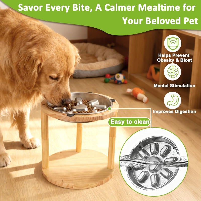 Vivifying Elevated Dog Bowl, Height-Adjustable Pine Wood Stand with Stainless Steel Slow Feeder Bowl, Available in Two Heights 5.9" & 10.6", Fits Small, Medium & Large Dogs - Image 5