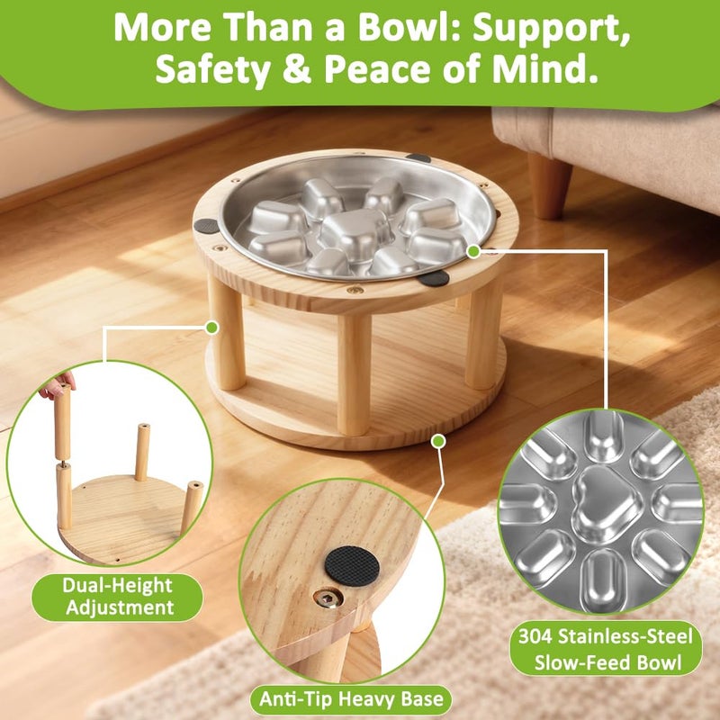 Vivifying Elevated Dog Bowl, Height-Adjustable Pine Wood Stand with Stainless Steel Slow Feeder Bowl, Available in Two Heights 5.9" & 10.6", Fits Small, Medium & Large Dogs - Image 3