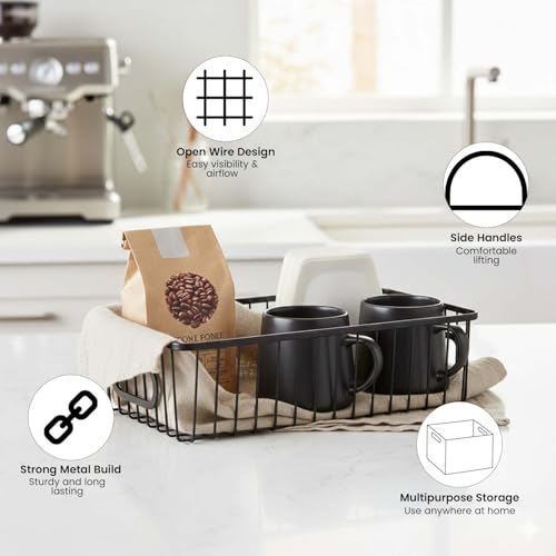 Bianco 16" Metal Farmhouse Kitchen Pantry Food Storage Organizer Basket Bin - Wire Grid Design for Cabinets, Cupboards, Shelves, Counter-tops - Holds Potatoes, Onions, Fruit (Pack of 2, Black) - Image 2