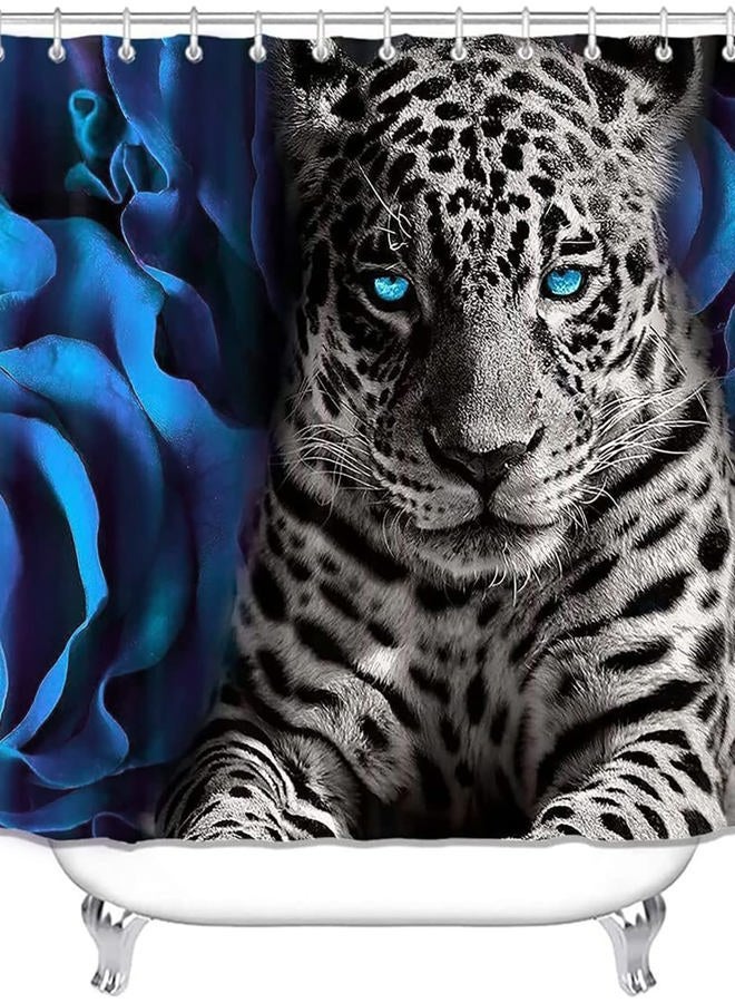 jieprom 4PCS Blue Rose and Leopard Shower Curtain Bathroom Set with Rugs, Toilet Lid Cover and Bath Mat, Blue Shower Curtain with 12 Hooks, Durable Bathroom Decor Set - Image 3