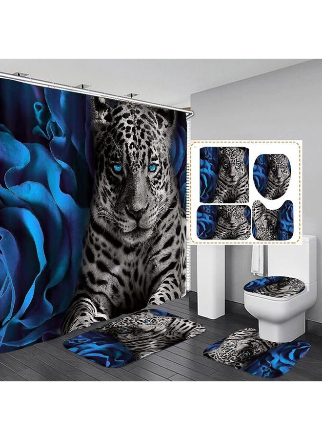 jieprom 4PCS Blue Rose and Leopard Shower Curtain Bathroom Set with Rugs, Toilet Lid Cover and Bath Mat, Blue Shower Curtain with 12 Hooks, Durable Bathroom Decor Set - Image 1
