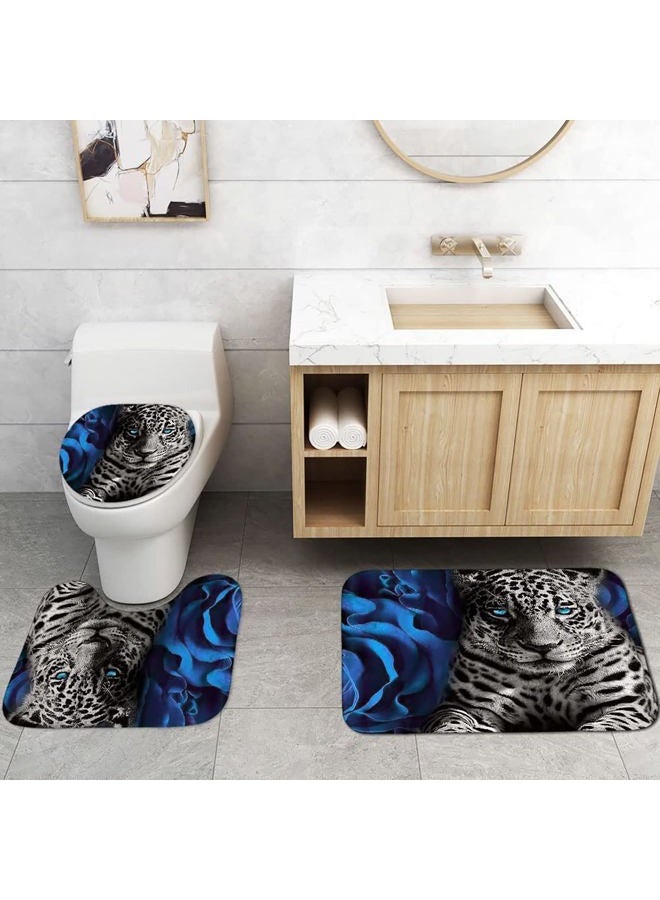 jieprom 4PCS Blue Rose and Leopard Shower Curtain Bathroom Set with Rugs, Toilet Lid Cover and Bath Mat, Blue Shower Curtain with 12 Hooks, Durable Bathroom Decor Set - Image 2