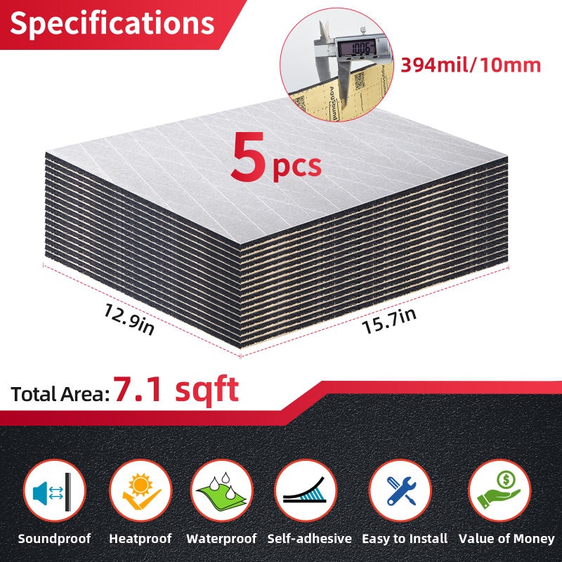 AggSound 394mil(10mm) 7sqft Car Heat Sound Deadening Mat - Automotive Heat Insulation Material Under Hood Engine Sound Dampening Foam for Auto Audio Deadener Foam, Door, Roof, Floor and Trunk - Image 2