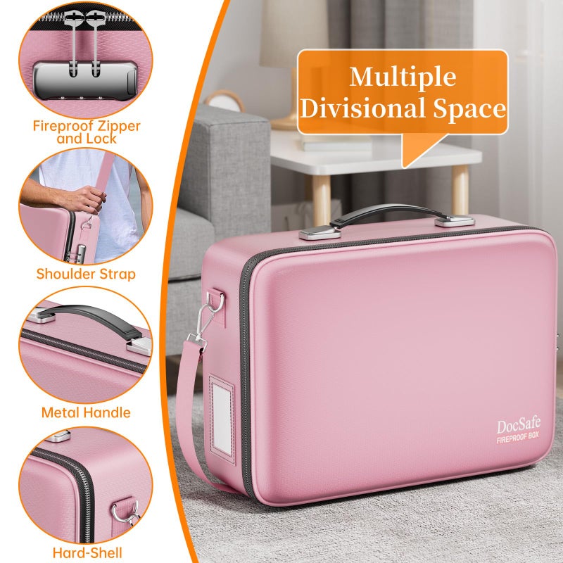 DocSafe Fireproof Document Box with Lockï¼†Shoulder Strap,Hard Case File Organizer with Accordion File Folder,Multi-Layer Portable Home Office Travel Safe Storage for Important Documents Laptop Pink - Image 4