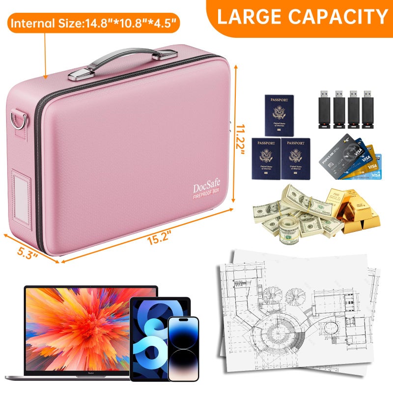 DocSafe Fireproof Document Box with Lockï¼†Shoulder Strap,Hard Case File Organizer with Accordion File Folder,Multi-Layer Portable Home Office Travel Safe Storage for Important Documents Laptop Pink - Image 5