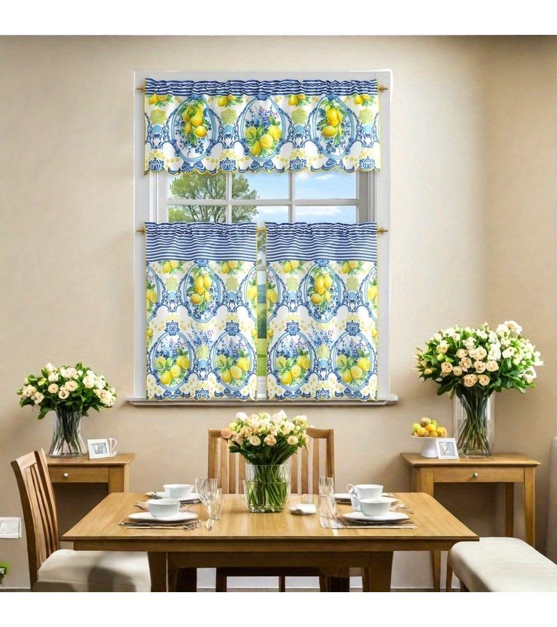 3 Pcs Spring Kitchen Curtain Set Lemon Butterfly Print Baroque Style Mediterranean Decor Summer Yellow Curtain For Living Room Various Room Window - Image 2