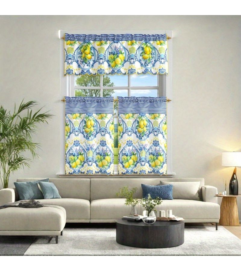 3 Pcs Spring Kitchen Curtain Set Lemon Butterfly Print Baroque Style Mediterranean Decor Summer Yellow Curtain For Living Room Various Room Window - Image 5