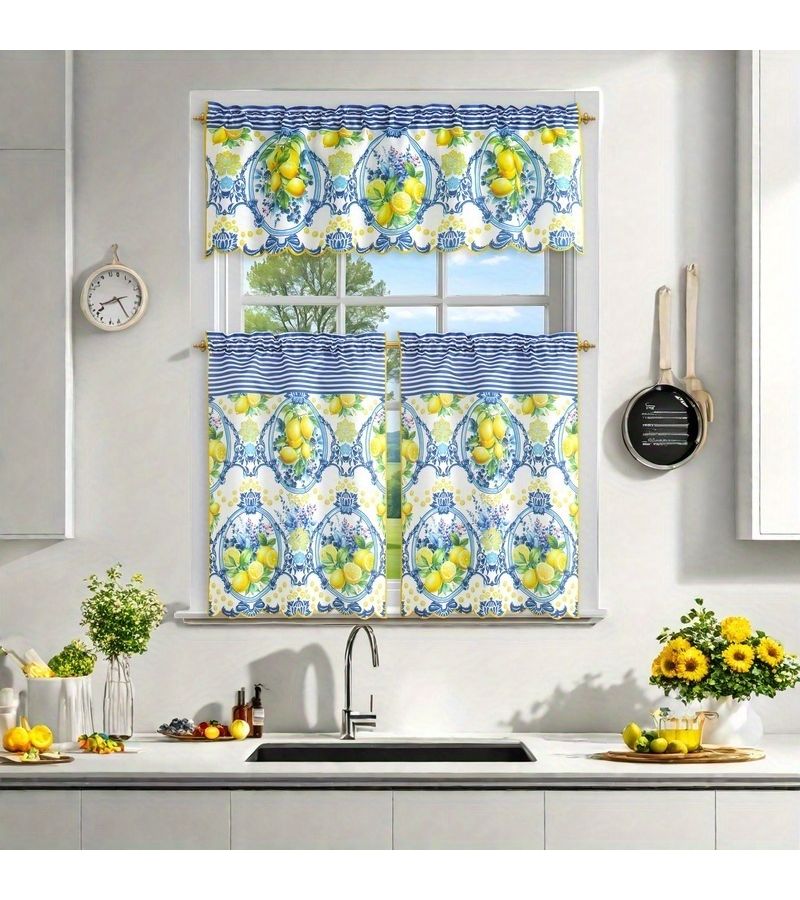 3 Pcs Spring Kitchen Curtain Set Lemon Butterfly Print Baroque Style Mediterranean Decor Summer Yellow Curtain For Living Room Various Room Window - Image 1