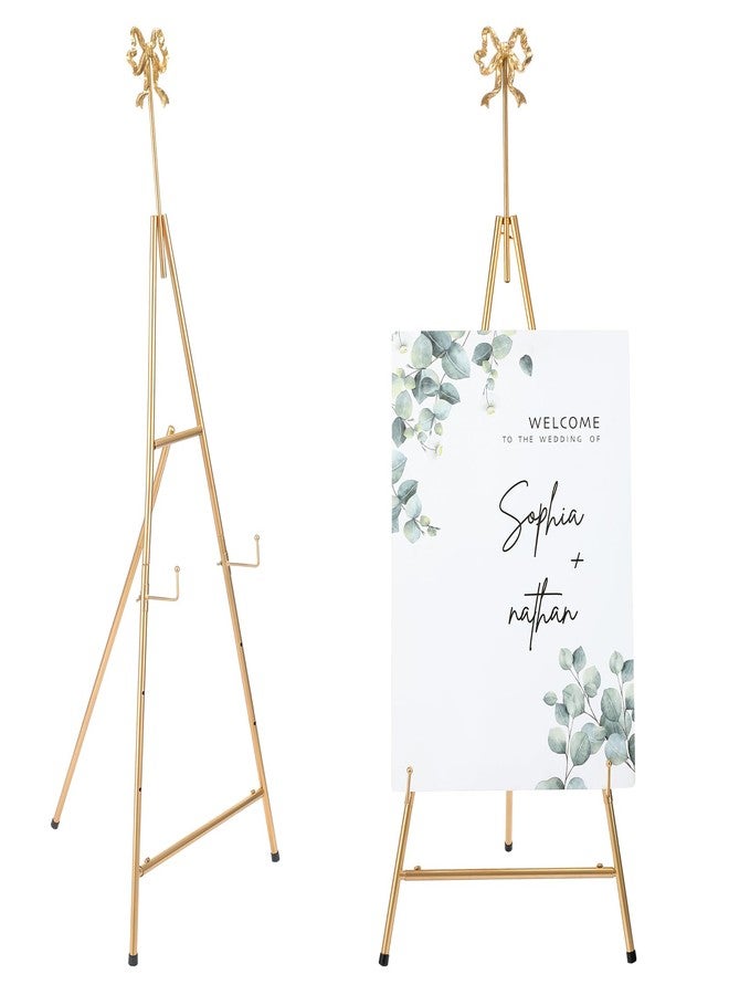 Yaocom حامل لوحة ذهبي من ياوكوم، مقاس 20 بوصة × 27 بوصة × 53 بوصة، حامل معدني قابل للتعديل مع فيونكة في الأعلى، حامل لوحة معدني قابل لتعديل الارتفاع لعرض اللوحات القماشية والملصقات الترحيبية على الأرض أو المنزل - Image 1