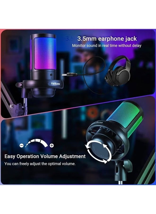 Generic - Gaming Microphone, USB PC Mic for Podcasts Videos, Streaming, Condenser Mic with Quick Mute, Tripod Stand, Pop Filter, RGB Indicator, Rotate Gain Button, 3.5mm Headphone Jack, Compatible with PS4/5/PC For Gaming Competitive Cell Phone Live Singing Recording - Image 1