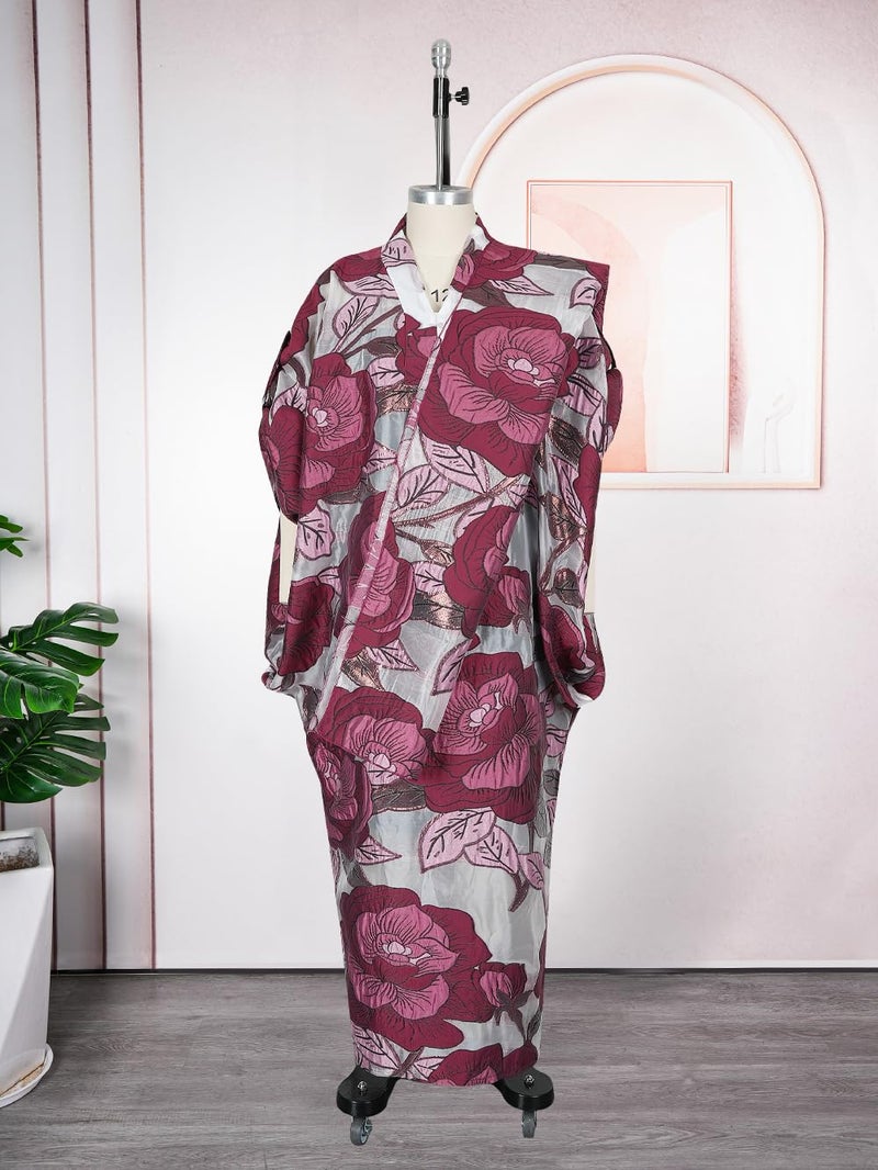HD African Stylish Bubu Dress for Woman Claret Floral Pattern Caftan Gown Adjustable Sleeves with Buckle - Image 3