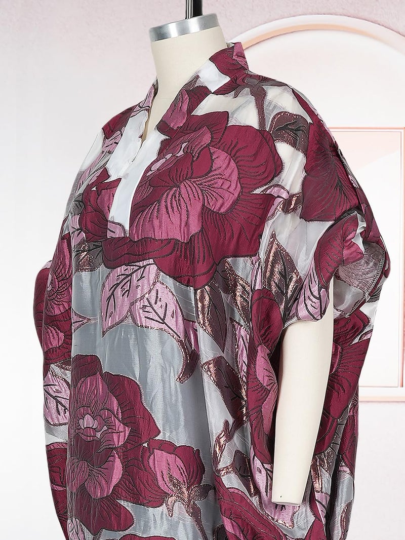 HD African Stylish Bubu Dress for Woman Claret Floral Pattern Caftan Gown Adjustable Sleeves with Buckle - Image 2