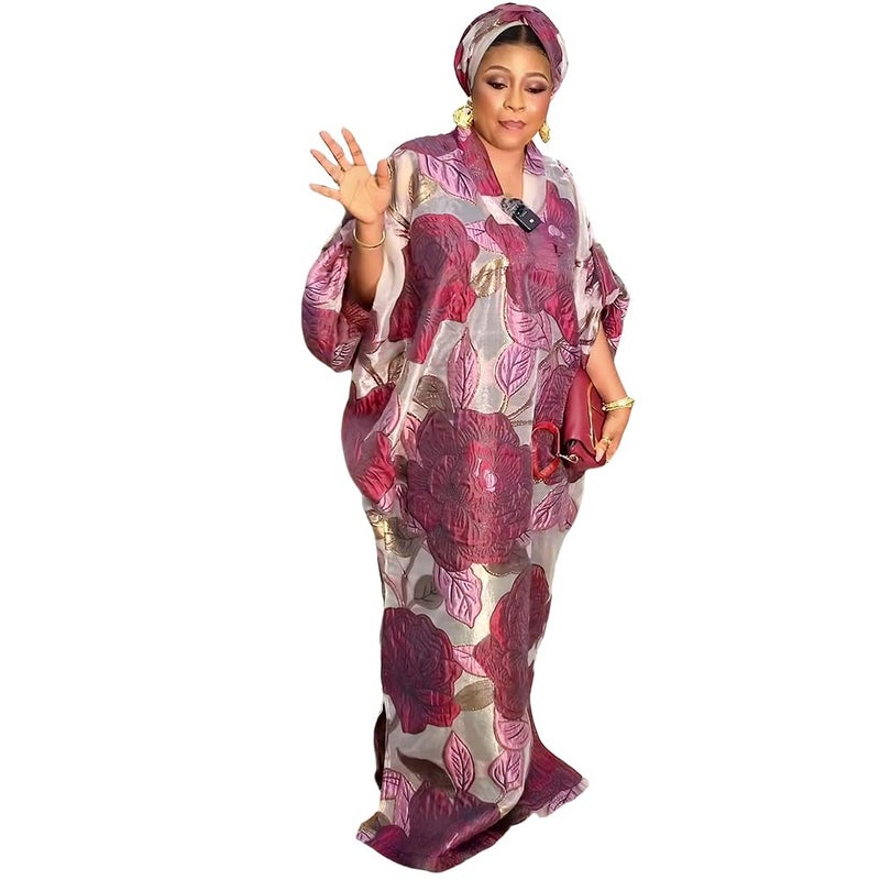 HD African Stylish Bubu Dress for Woman Claret Floral Pattern Caftan Gown Adjustable Sleeves with Buckle - Image 1