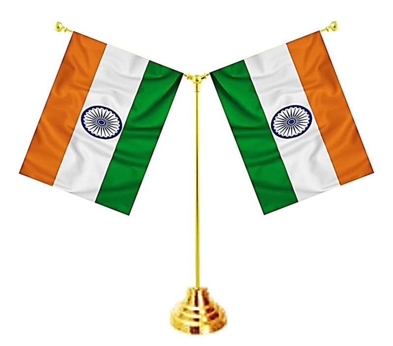Uniq INDIA & INDIA Flags - Shining & Bright Cotton Cloth with Y-Shape Classy Brass Base Table Stand - Image 1