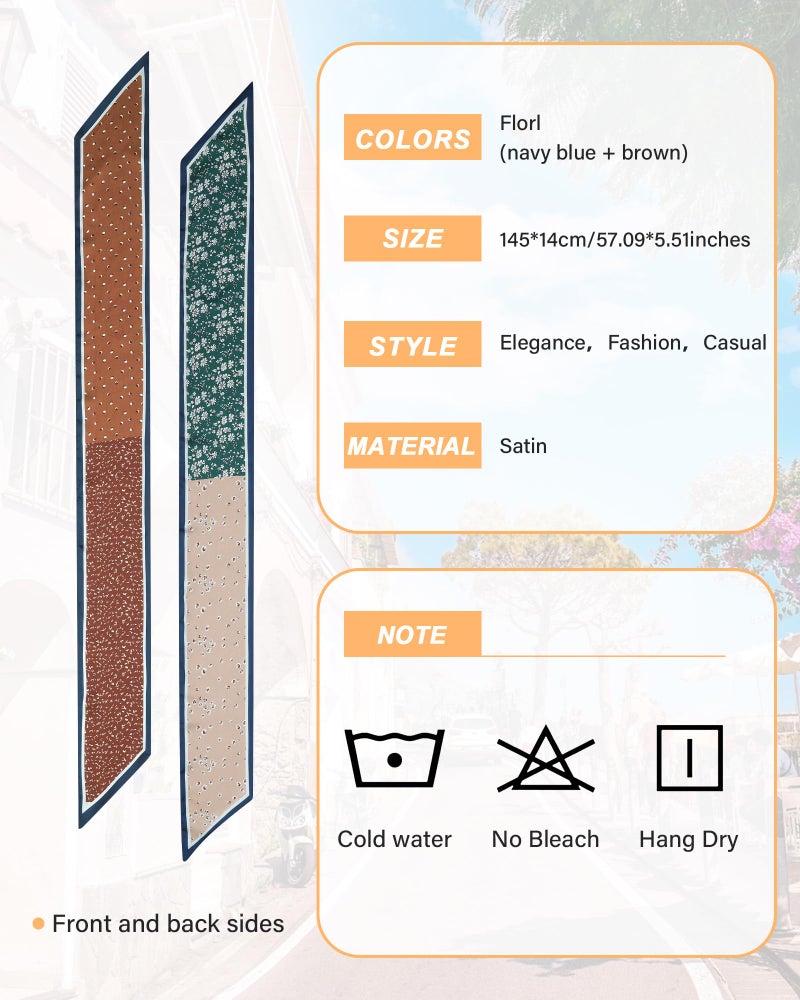 CHLINS وشاح ساتين تشيلينز للنساء وشاح عنق مطبوع لف الرأس خفيف الوزن حقيبة يد وشاح رأس 57 * 5.5 بوصة (أزرق بحري + بني) - Image 2