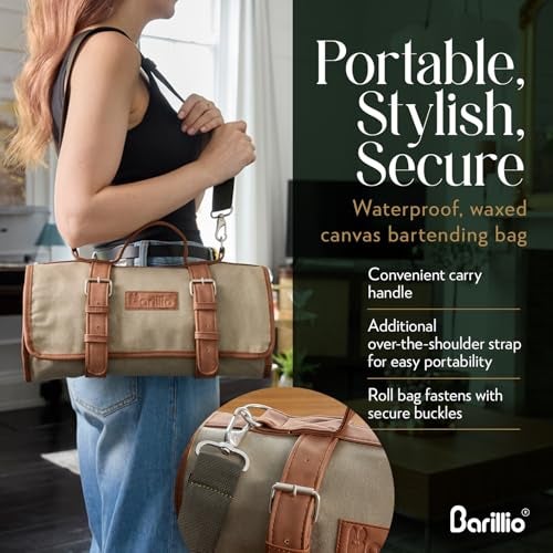 Barillio Bartender Bag (Without Tools) - Stylish, Waxed Canvas, Roll Up Traveling Bar Bag for Carrying Bar Tools and Cocktail Shaker Set with Shoulder Strap - Portable Travel Bartending Roll - Image 4