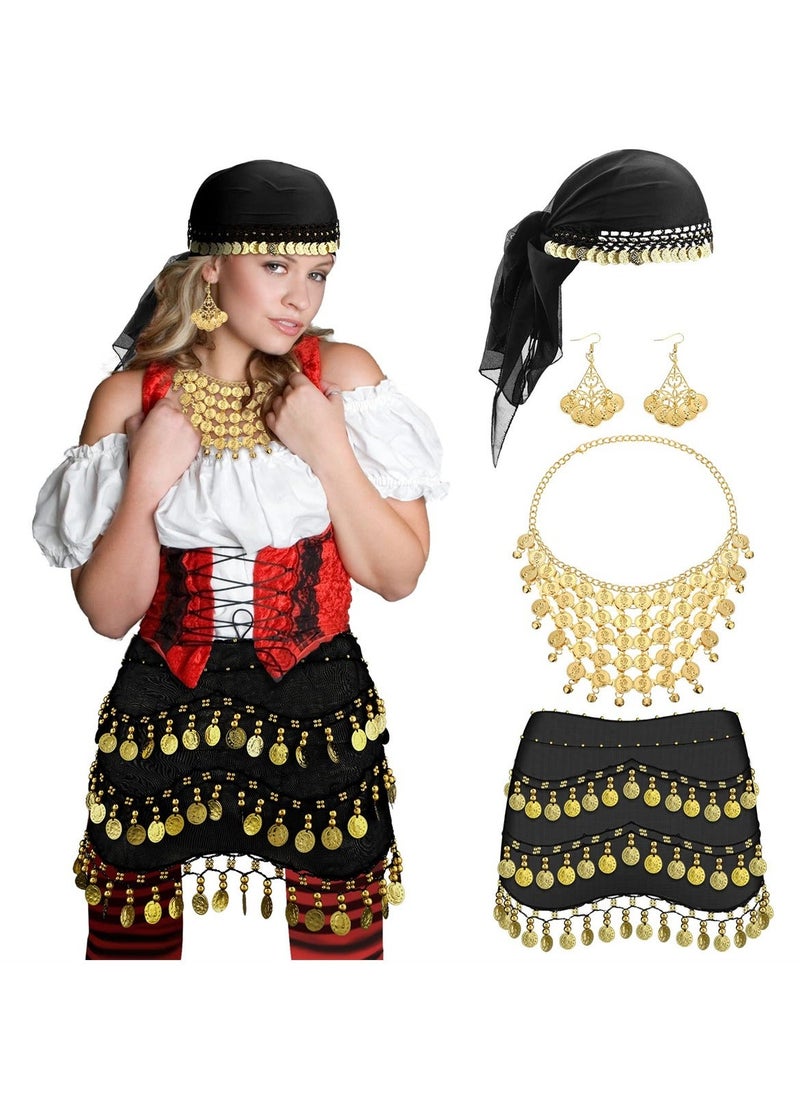 Y&D - Gypsy Pirate Costume Accessories for Women, Belly Dance Head Scarf Earring Necklace Hip Jewelry, 4 Pcs - Image 1