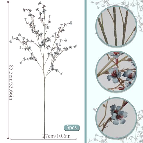 GhuaH 3 Pcs Cherry Blossom Branches Artificial Flowers for Spring Summer Indoor Decoration Faux Cherry Blossom Long Stems Dusty Blue Silk Fake Flowers for Tall Vase Arrangements Home Wedding Table - Image 2