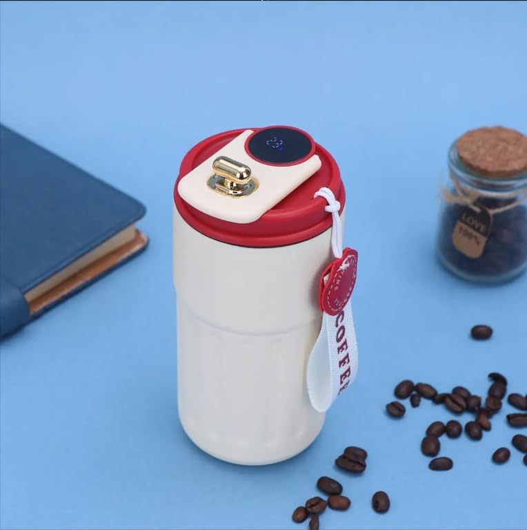 JUGTE Coffee Mug Cup Digital Display, Thermos Flasks, 460 ml, 316 Stainless Steel Travel Mug, Insulated Vacuum Thermal Mug, Leak-Proof Travel Mug with Lid for Coffee ((White Red) 1) - Image 2