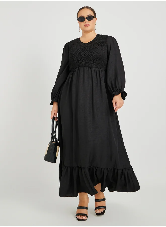 ستايلي Plus Size Solid Long Sleeves Smocked A-Line Maxi Dress
