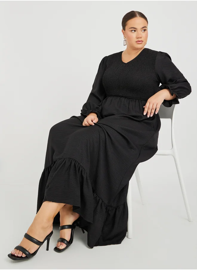 ستايلي Plus Size Solid Long Sleeves Smocked A-Line Maxi Dress