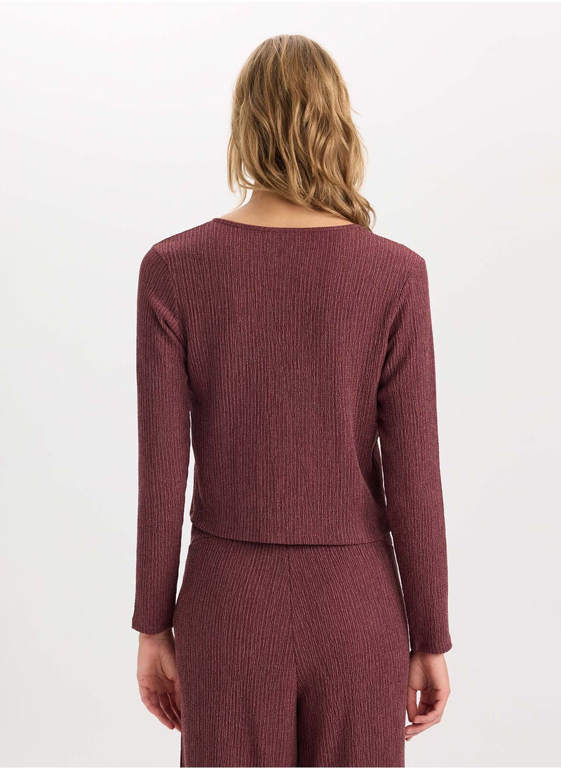 DeFacto Regular Fit Crew Neck Basic Ruched Detail Long Sleeve Cardigan  - Image 2