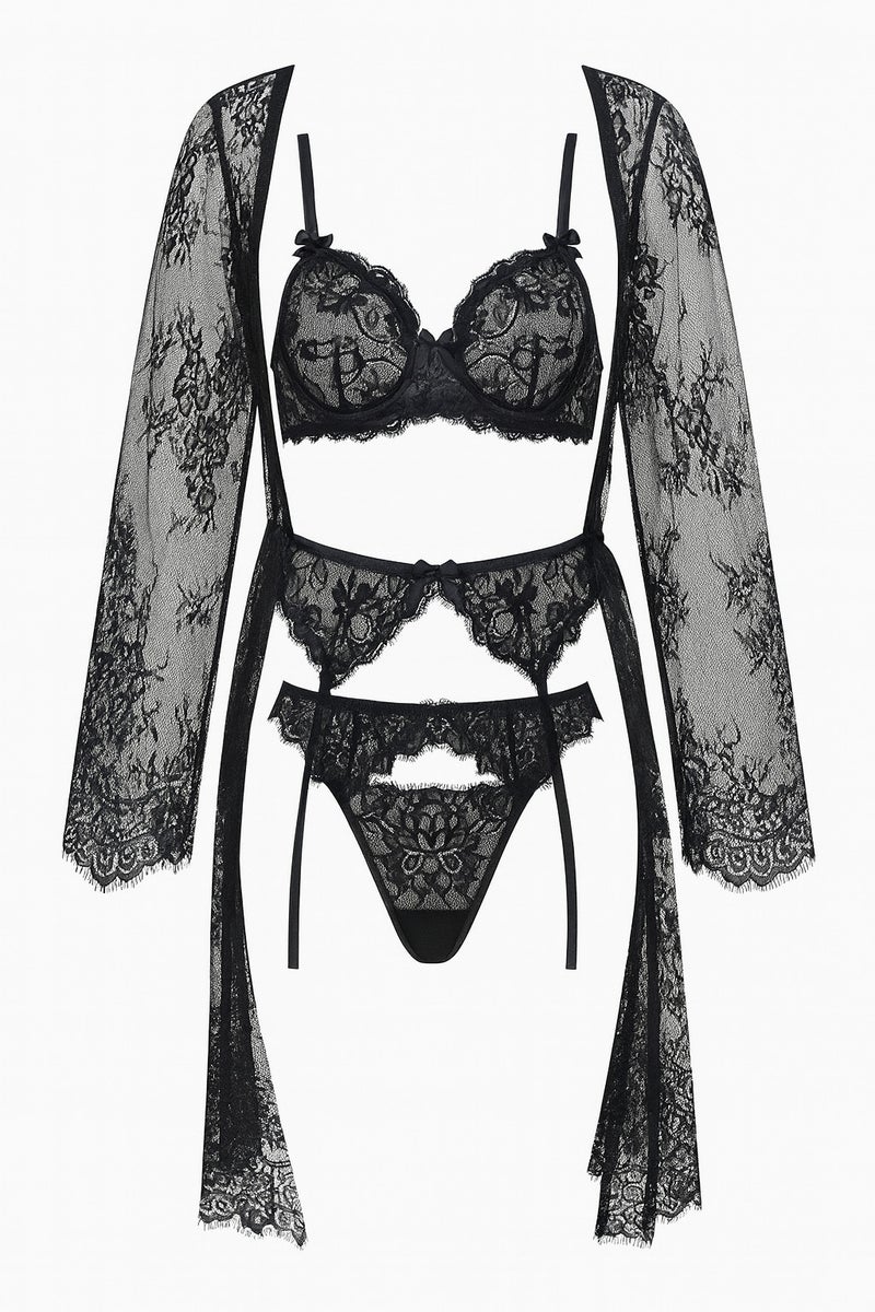 3-piece black lace lingerie set - transparent triangle top with lace hot shorts and a long robe with transparent sleeves and a luxurious feminine design, Code 379 - Image 1