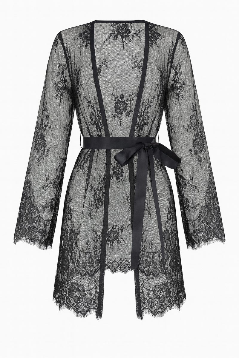 3-piece black lace lingerie set - transparent triangle top with lace hot shorts and a long robe with transparent sleeves and a luxurious feminine design, Code 379 - Image 2