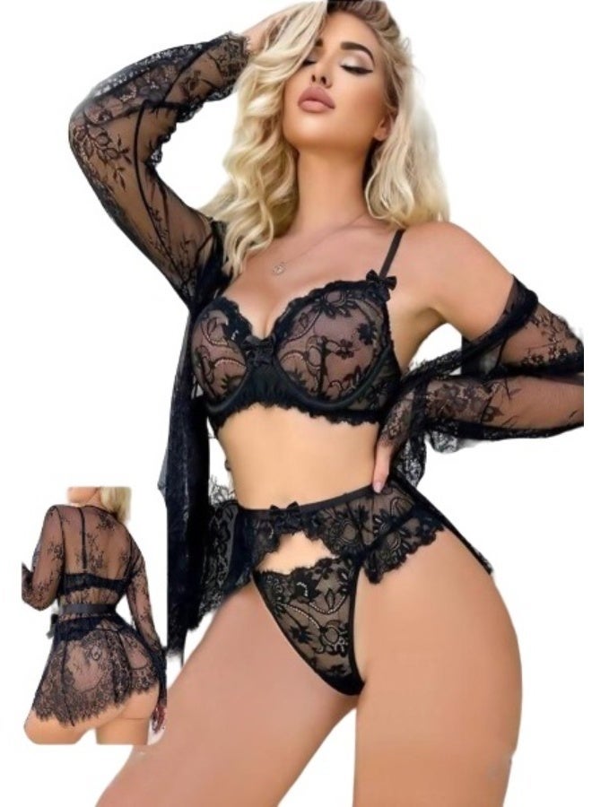 3-piece black lace lingerie set - transparent triangle top with lace hot shorts and a long robe with transparent sleeves and a luxurious feminine design, Code 379 - Image 1