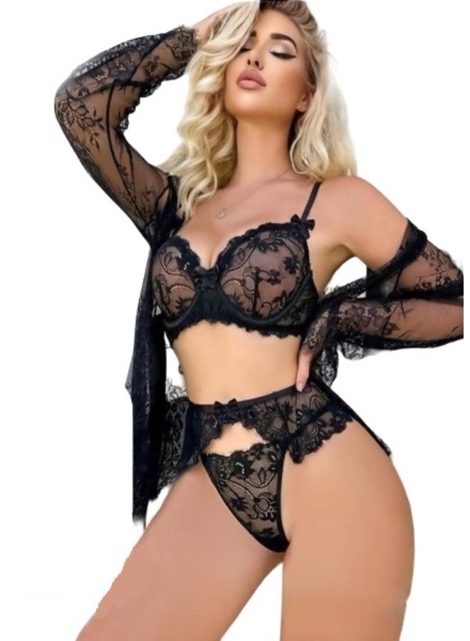 3-piece black lace lingerie set - transparent triangle top with lace hot shorts and a long robe with transparent sleeves and a luxurious feminine design, Code 379 - Image 4