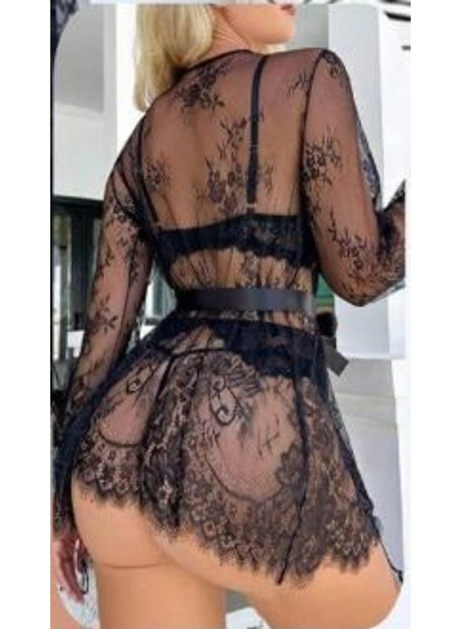 3-piece black lace lingerie set - transparent triangle top with lace hot shorts and a long robe with transparent sleeves and a luxurious feminine design, Code 379 - Image 5