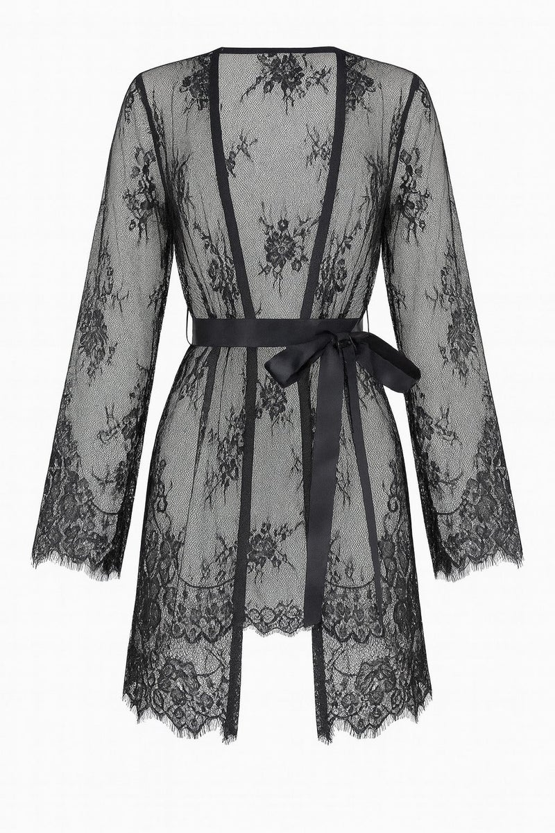 3-piece black lace lingerie set - transparent triangle top with lace hot shorts and a long robe with transparent sleeves and a luxurious feminine design, Code 379 - Image 3