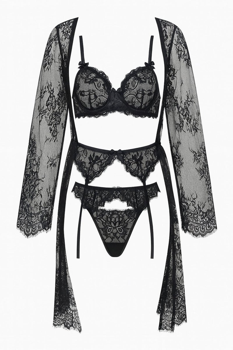 3-piece black lace lingerie set - transparent triangle top with lace hot shorts and a long robe with transparent sleeves and a luxurious feminine design, Code 379 - Image 2