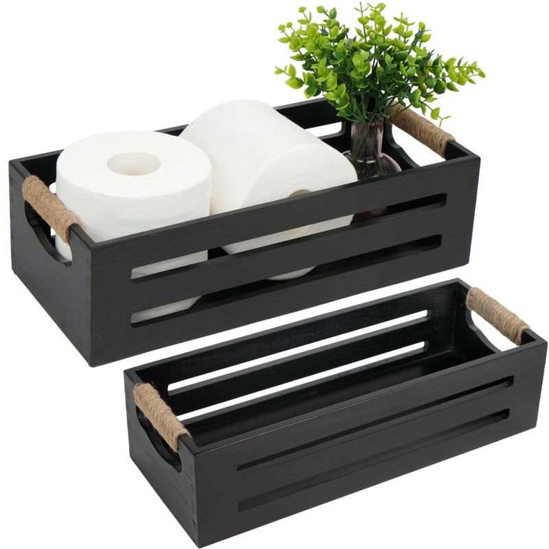 LotFancy Bathroom Decor Box 2 Pack Toilet Tank Topper Basket Wooden Bathroom Basket Back of Toilet Storage Basket Black Farmhouse Toilet Paper Holder - Image 2