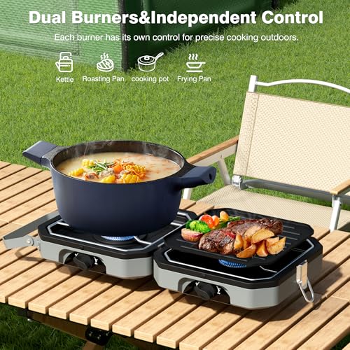 Snidomn Camping Stove Portable Propane Camp Stove with Independently Adjustable Heat & 2 Burners, Foldable Gas Stove with Carry Bag for Outdoor Cooking,Tailgating & Backyard Gathering（Gray） - Image 3