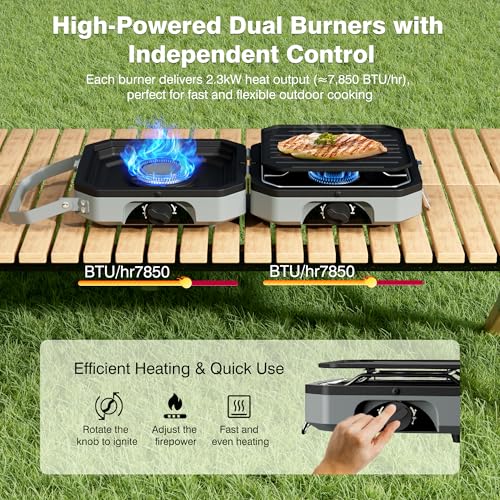 Snidomn Camping Stove Portable Propane Camp Stove with Independently Adjustable Heat & 2 Burners, Foldable Gas Stove with Carry Bag for Outdoor Cooking,Tailgating & Backyard Gathering（Gray） - Image 2