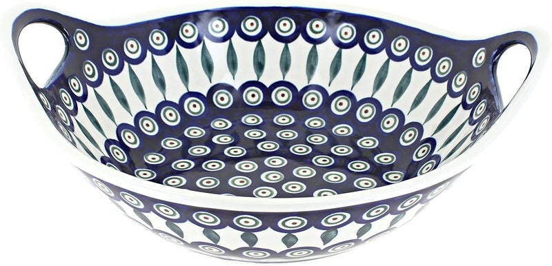 Blue Rose Polish Pottery Peacock Medium Bowl with Handles