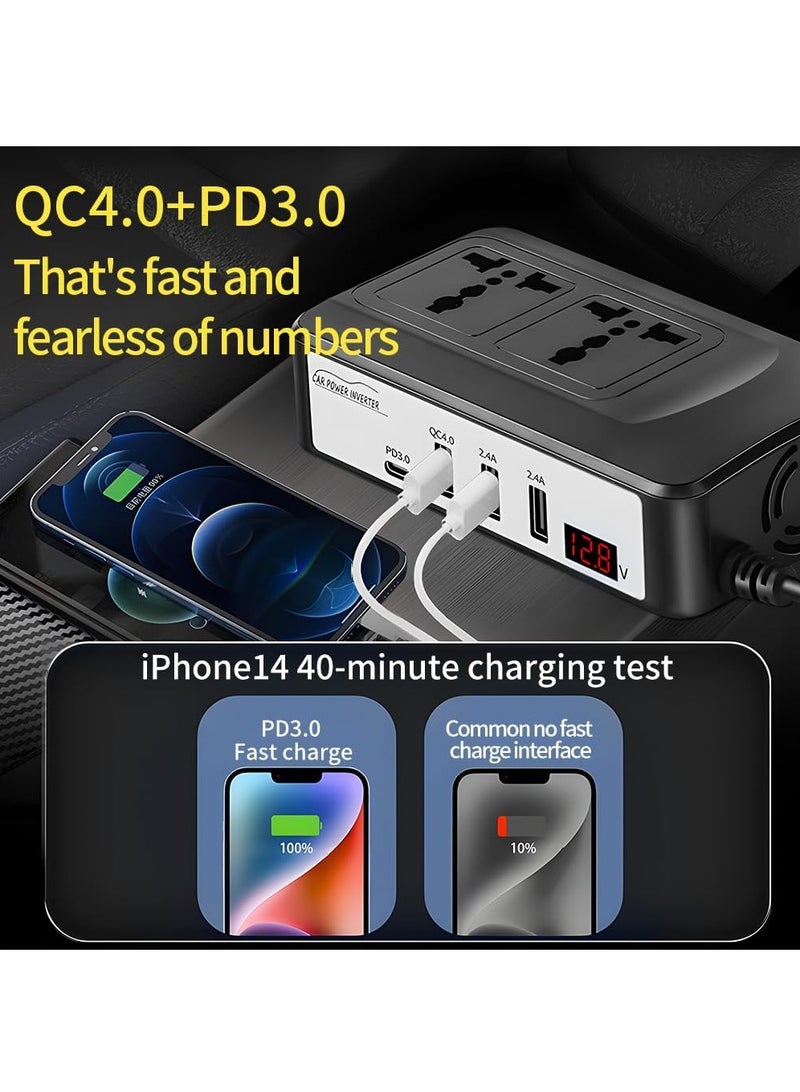 ايتي لايف محول طاقة للسيارة بقوة 200 واط، محول طاقة للسيارة من 12/24 فولت تيار مستمر إلى 220 فولت تيار متردد، محول شاحن للسيارة مع مقبسين عالميين ومفتاح ومنافذ شحن سريع، مناسب للسيارة والشاحنة - Image 4