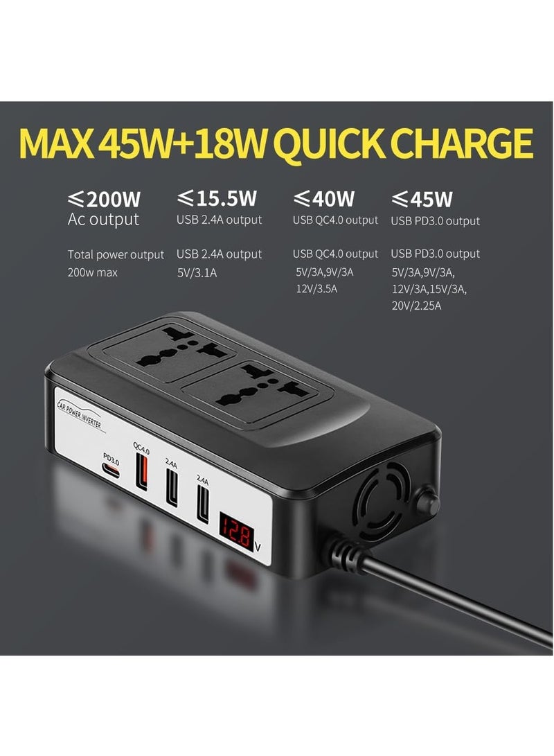 ايتي لايف محول طاقة للسيارة بقوة 200 واط، محول طاقة للسيارة من 12/24 فولت تيار مستمر إلى 220 فولت تيار متردد، محول شاحن للسيارة مع مقبسين عالميين ومفتاح ومنافذ شحن سريع، مناسب للسيارة والشاحنة - Image 2