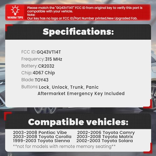Beefunny 315MHz 4D67 Chip Upgraded Flip Remote Car Key Fob 4 Button for Toyota Camry Corolla Matrix Sienna Solara, for Pontanic Vibe GQ43VT14T (1) - Image 2